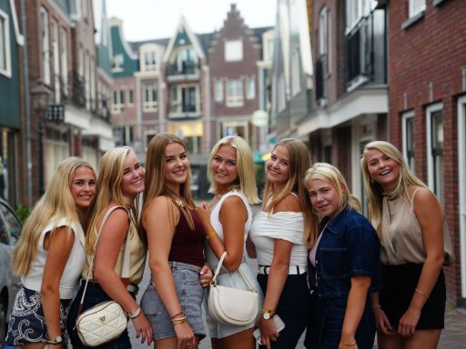 A group of smiling young women posing on a charming street in Volendam, Netherlands.