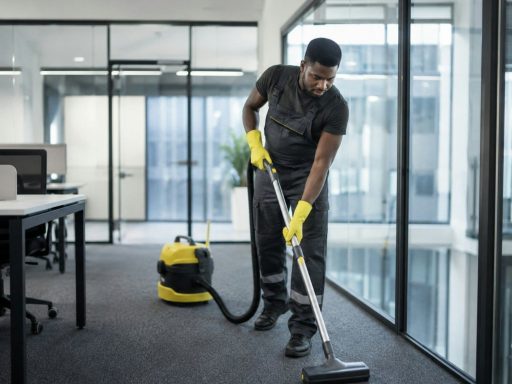 A man in yellow gloves vacuums a carpeted office floor